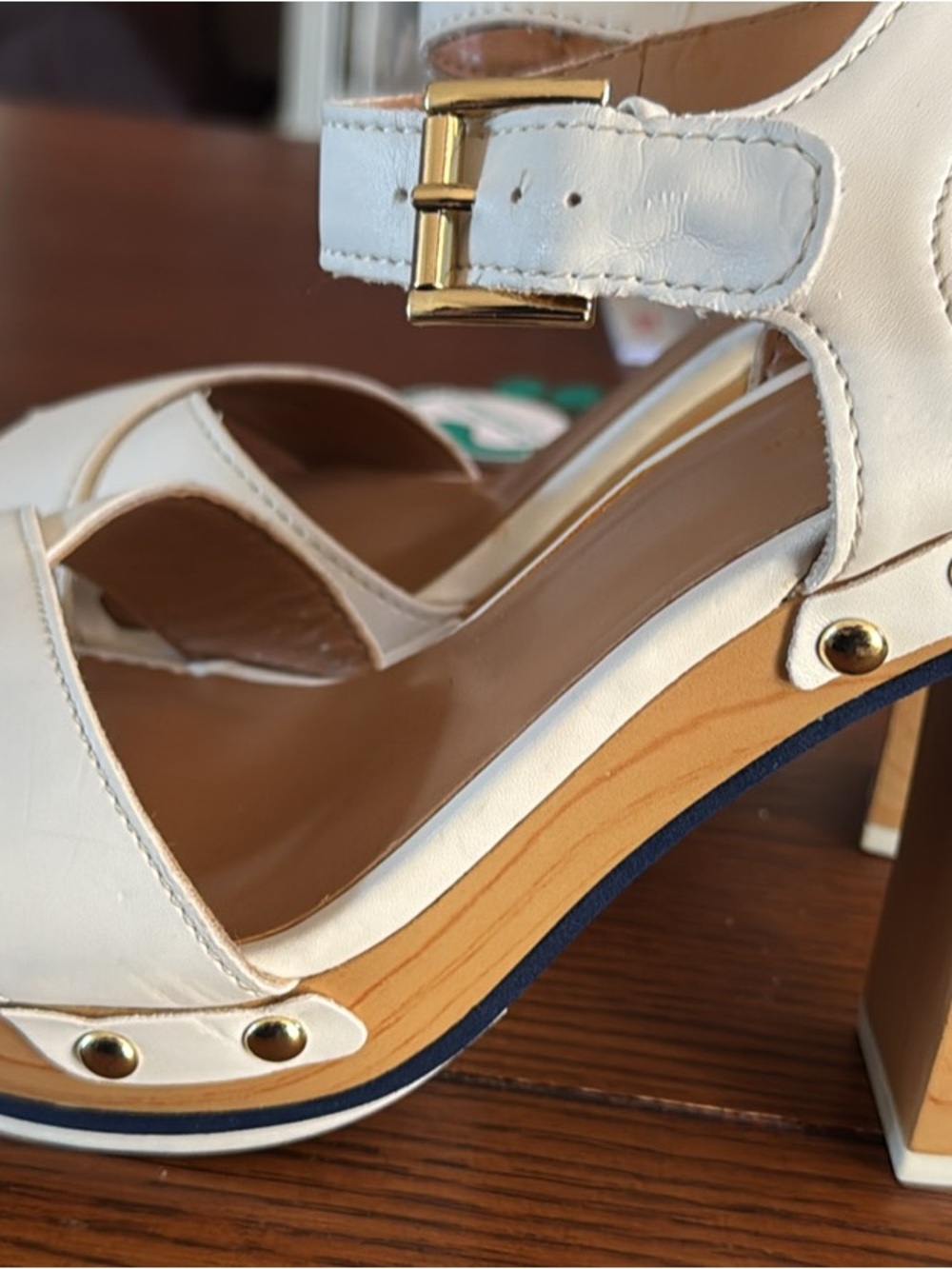 Tommy Hilfiger White Platform Ankle-Strap Heels with Gold Accents